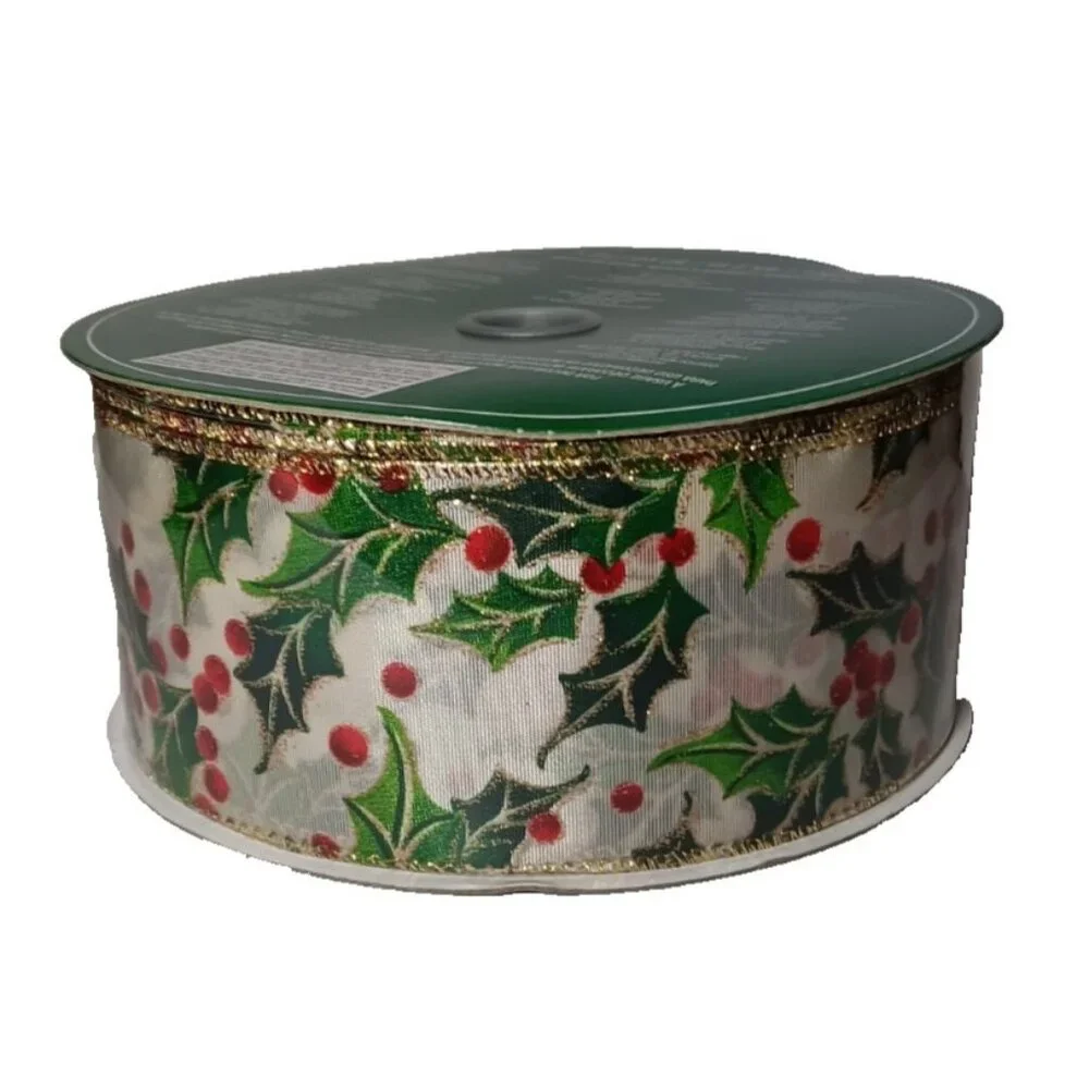 Wire-Edged Ribbon Wide Gold Glittered Holly Ivy Berries 2.5
